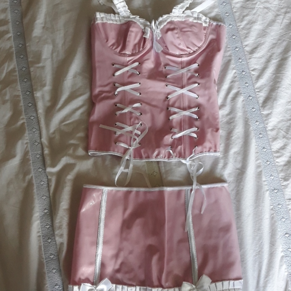 NWOT Pink Vinyl Bustier and Skirt Set